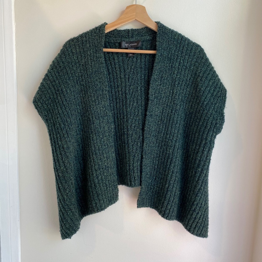 St John Ribbed Open Front Cardigan Sweater Cape Poncho Green Knit Size Large
